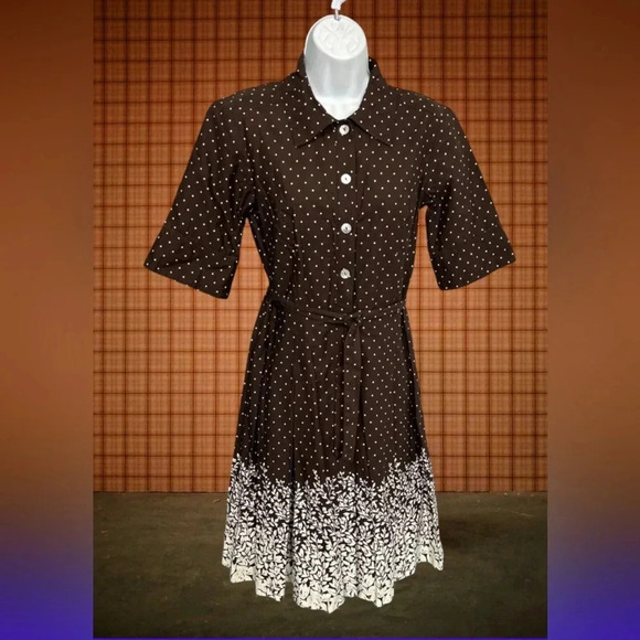 Women 8P Brown Polka Dot Floral Dress Pleated‎ Tie Sash Classic Dainty Pin Up - Picture 2 of 16